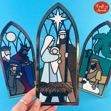 Load image into Gallery viewer, Nativity Window SVG | Layered Christmas Nativity Stained Glass Cutting File
