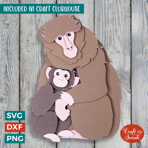 Barbary Macaque Monkeys SVG | 3D Layered Monkey with Baby Cutting File