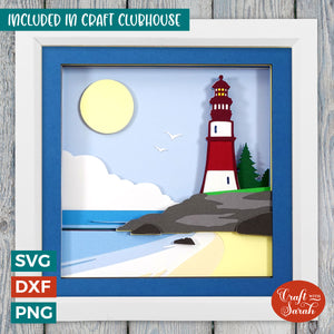 Beach Lighthouse Shadow Box SVG | Layered Coastal Lighthouse Cutting File