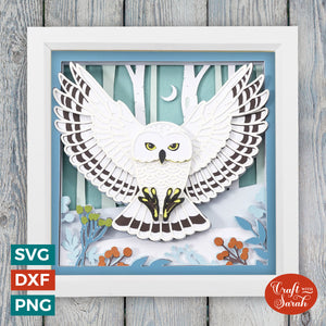 Snowy Owl Winter Shadow Box SVG |  Swooping Owl at Night Shadow Box Cutting File