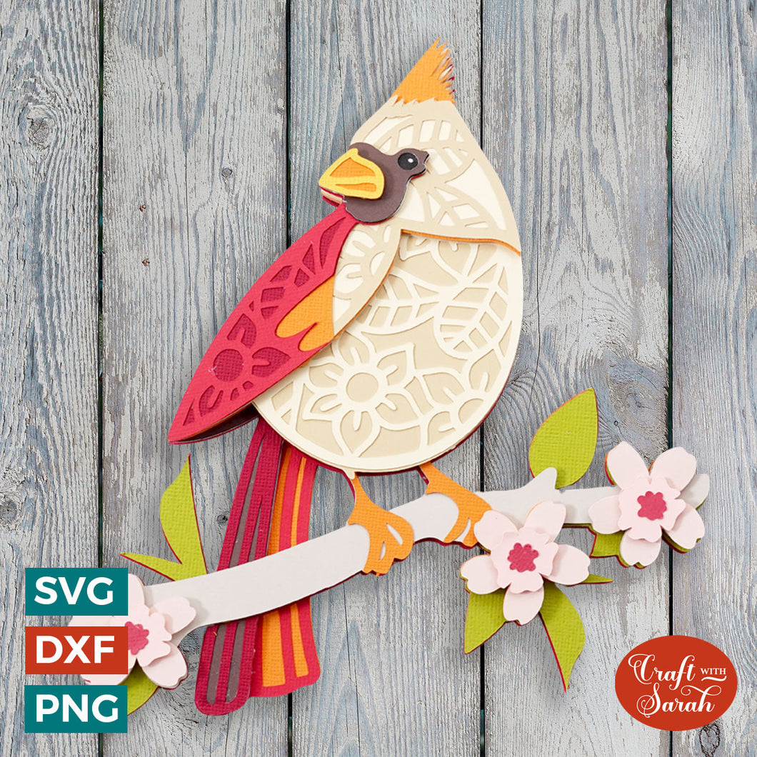 Cardinal SVG |  Female Cardinal on Blossom Branch Cutting File