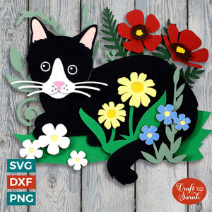 Cat in Wildflowers SVG | Layered Kitten in Flowers Cutting File