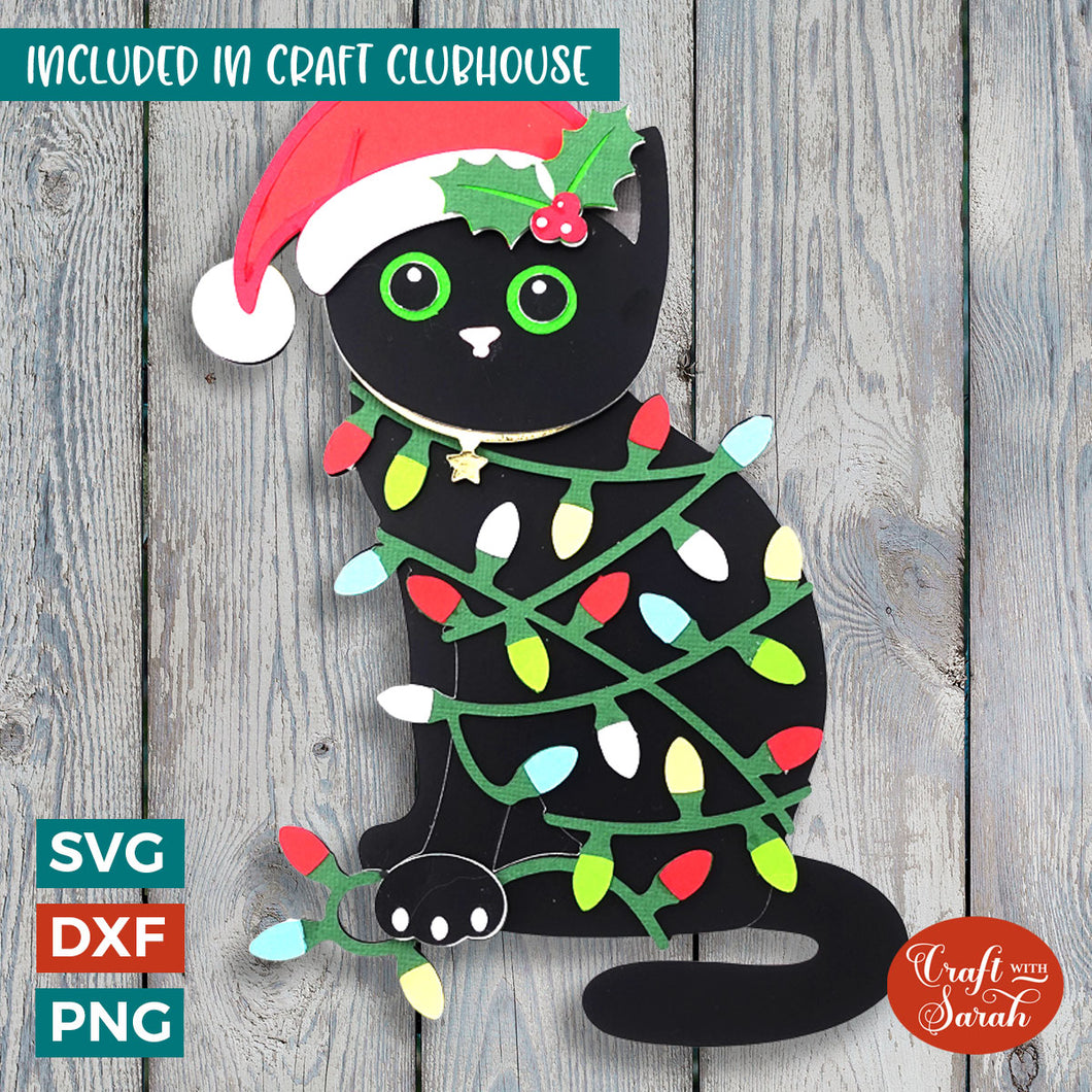 Christmas Cat in Lights SVG | 3D Layered Festive Cat Cutting File