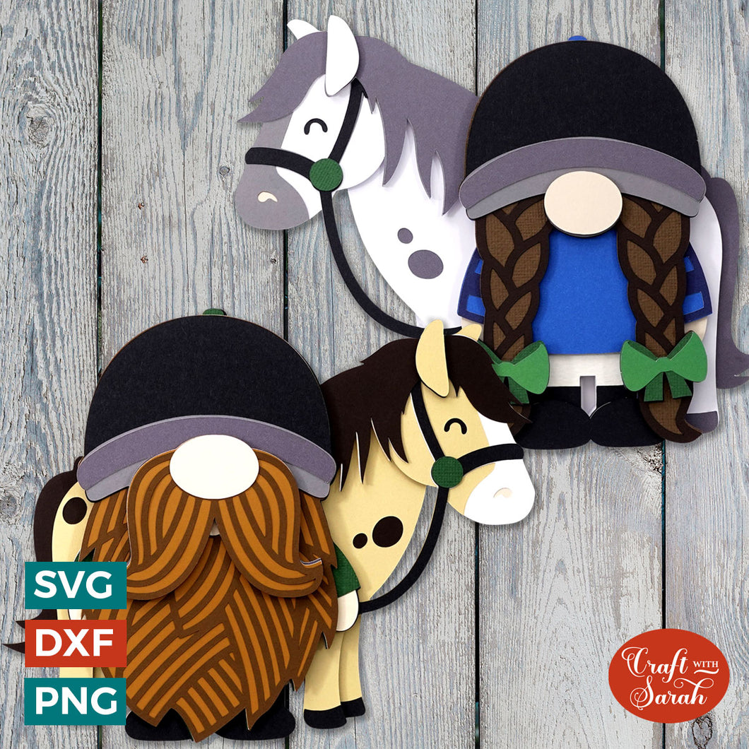 Equestrian Gnome SVGs | Layered Male & Female Horse Riding Gonk Cut Files