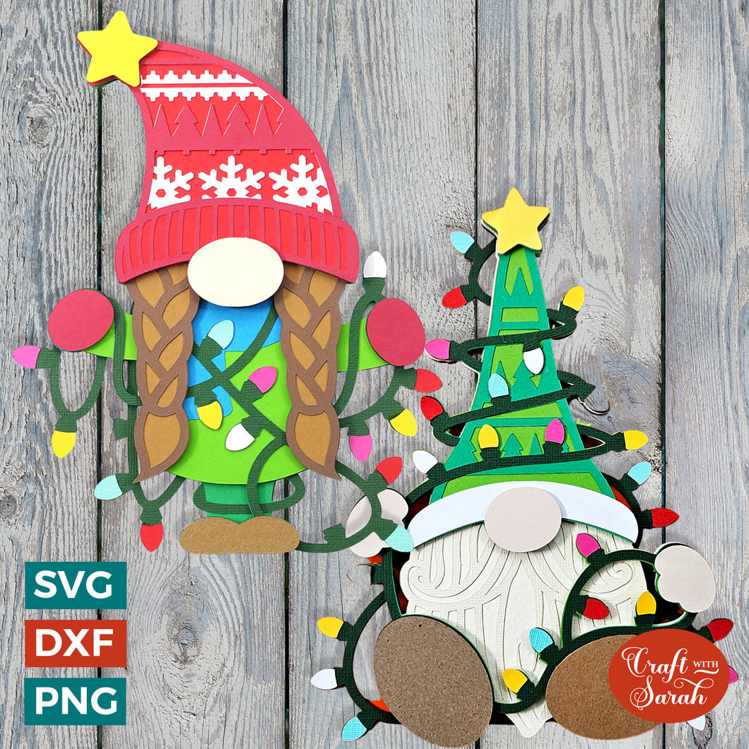 Christmas Lights Gnome SVGs  | Festive Male & Female Gonk Cutting Files