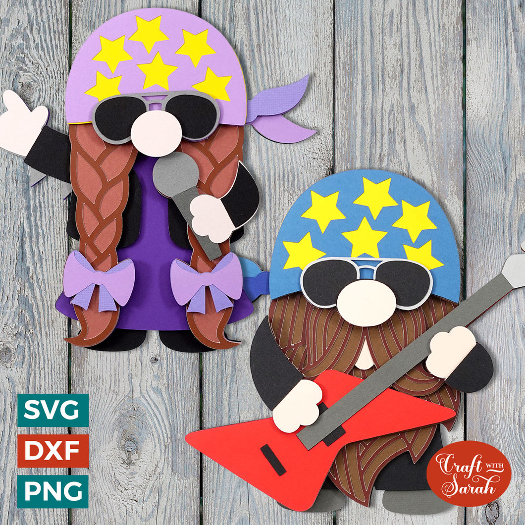 Rock Star Gnome SVGs | Layered Male and Female Musician Gnome Cutting Files