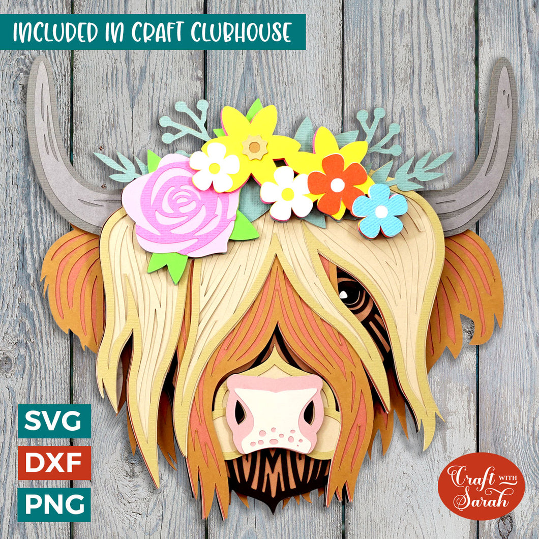 Highland Cow Flowers SVG | 3D Layered Highland Cow Flower Crown Cutting File