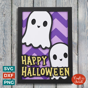 Kawaii Ghosts Card SVG | Layered Halloween Ghosts Greetings Card