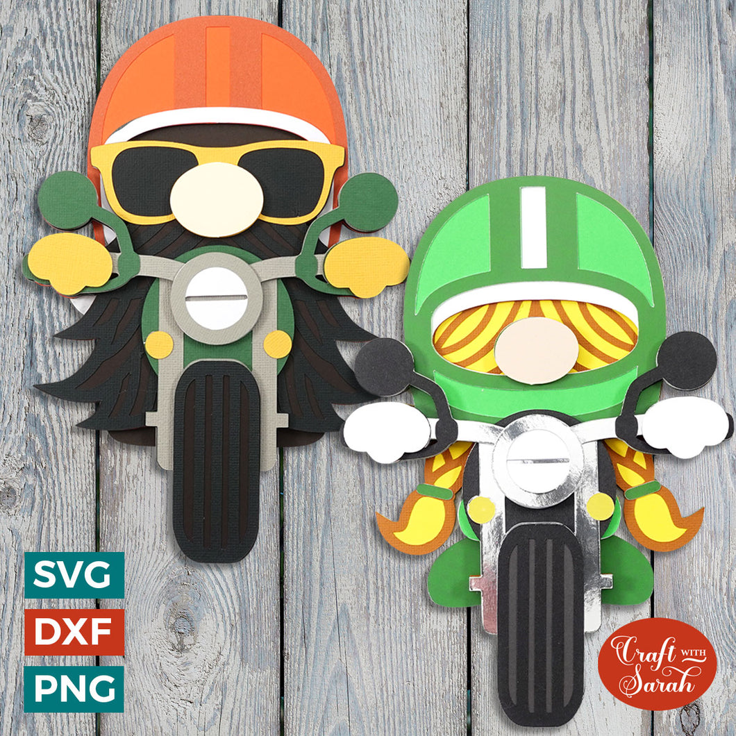 Pair of Motorbike Gnomes | Layered Classic Motorbike Rider Gnome SVGs