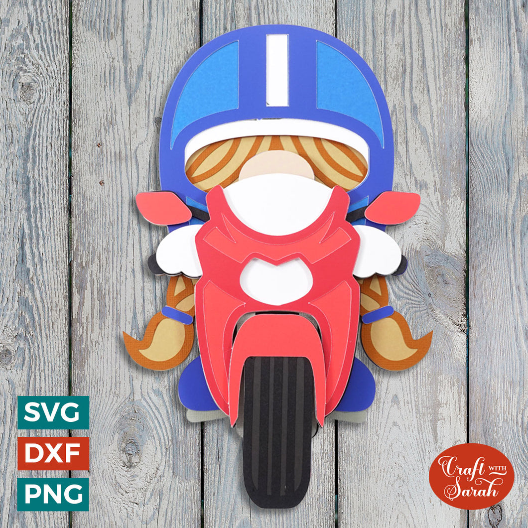 Sports Motorbike Gnome SVG | Layered Female Motorbike Rider Gnome Cut File