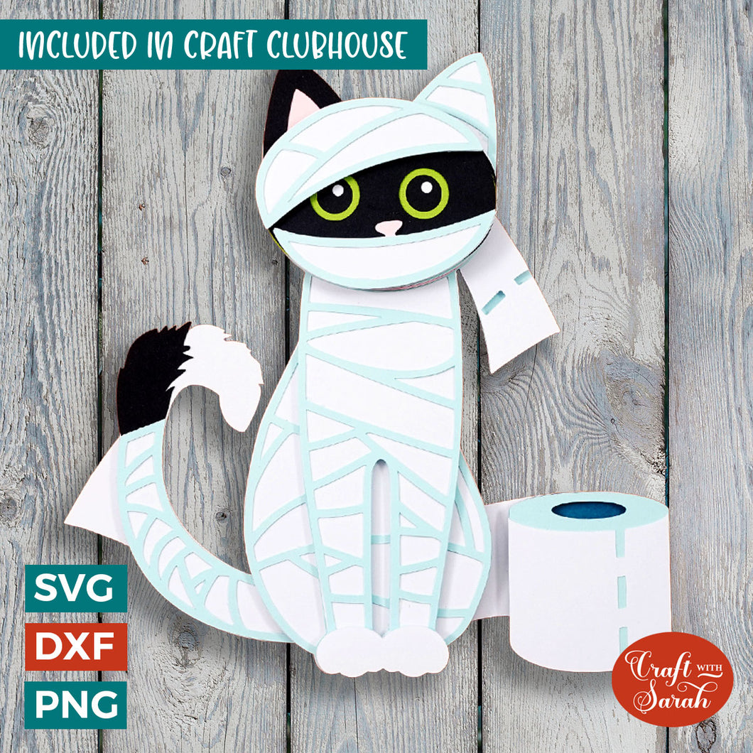 Mummy Cat SVG | 3D Layered Halloween Toilet Roll Cat Cutting File
