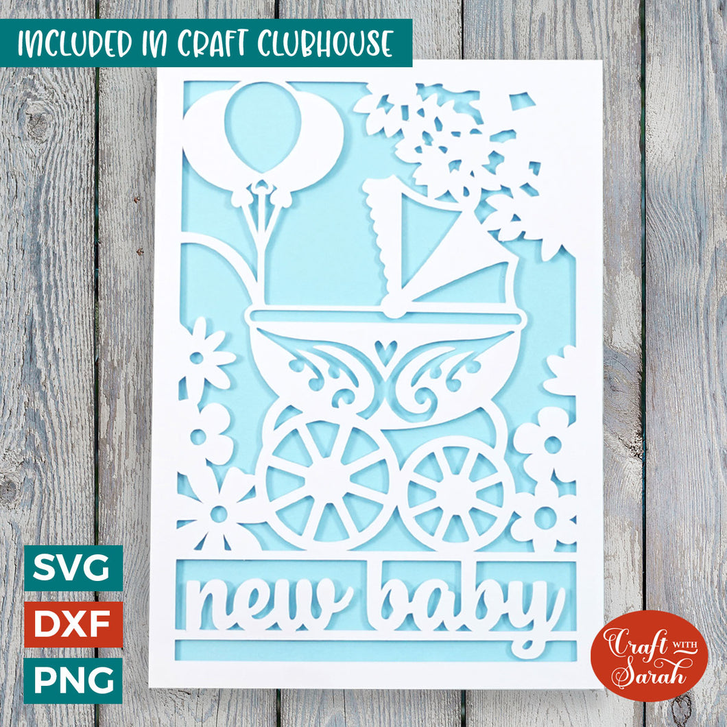 New Baby Pram Card | Layered New Baby Stroller Greetings Card
