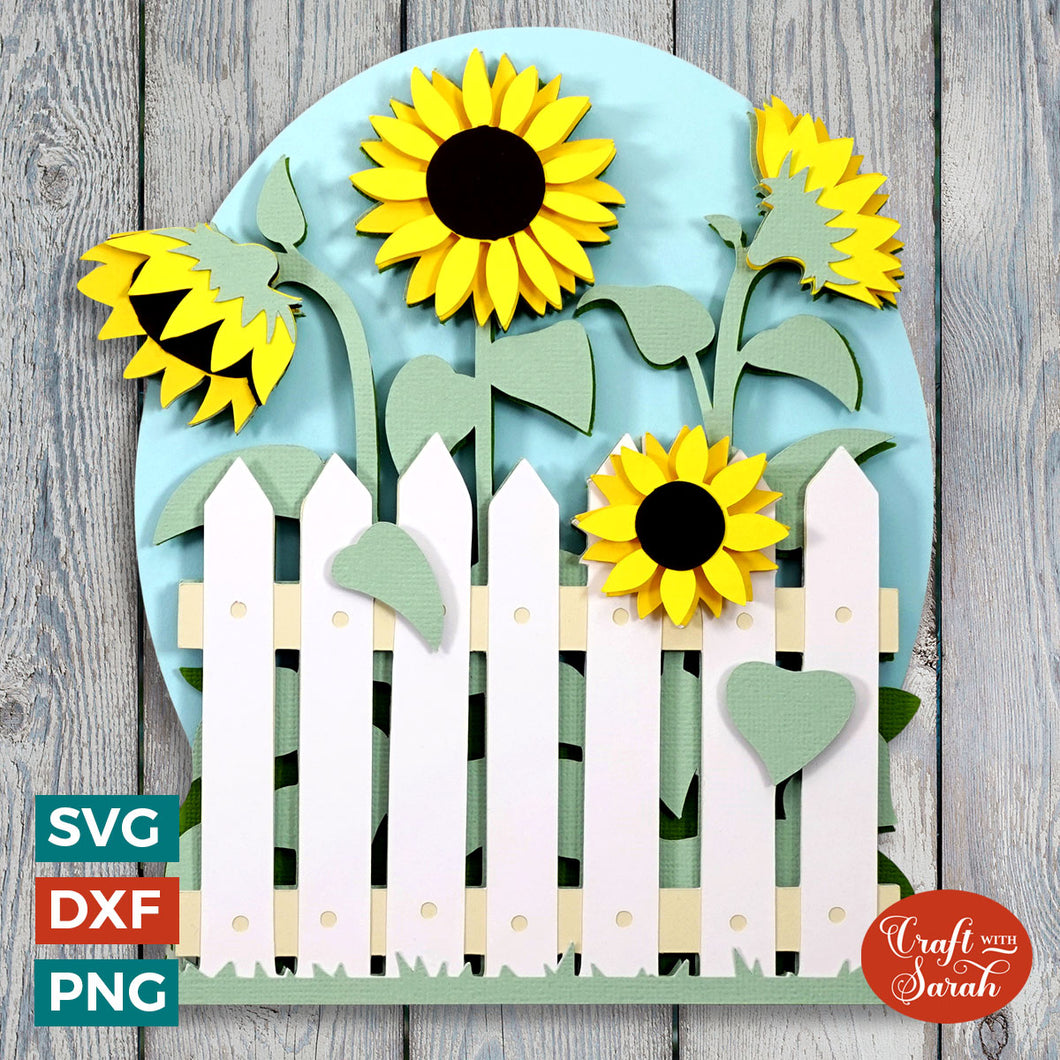 Sunflower with Fence SVG | Layered Sunflower Plant Cutting File