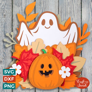 Ghost with Leaves SVG | Layered Fall Ghost Cut Files