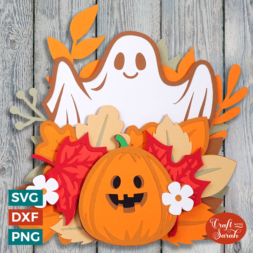 Ghost with Leaves SVG | Layered Fall Ghost Cut Files