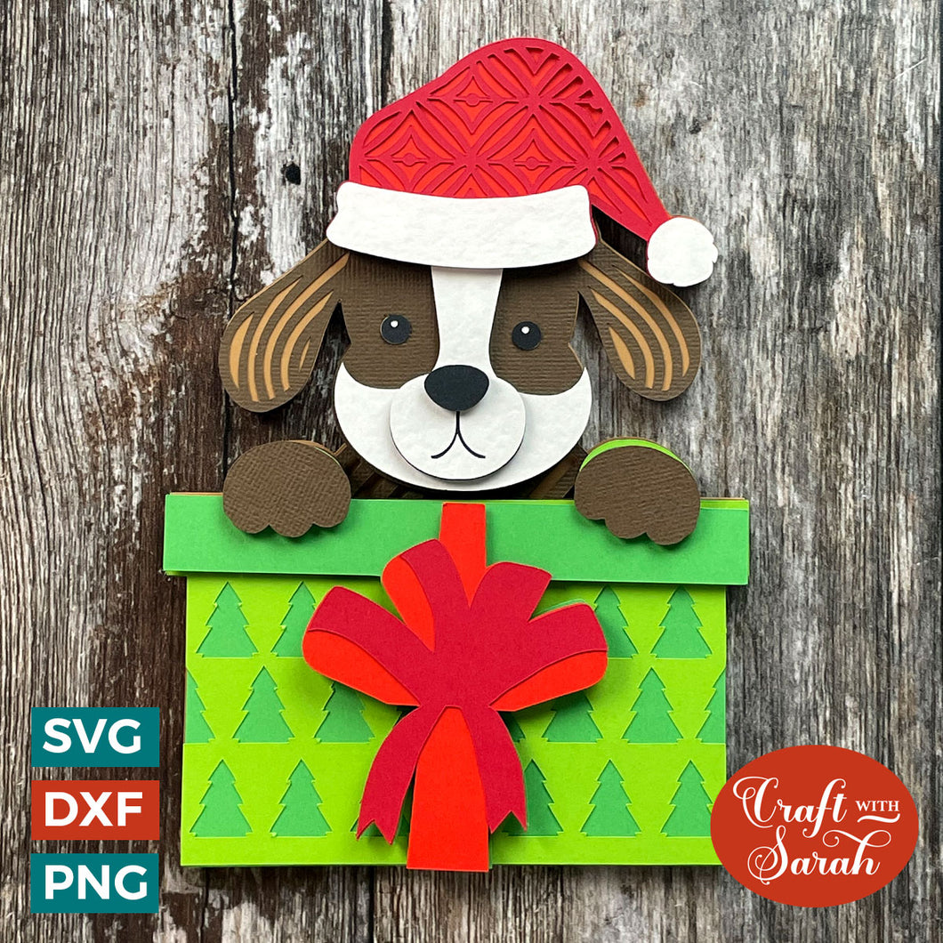 Christmas Puppy SVG | Layered Puppy in Gift Box Cutting File