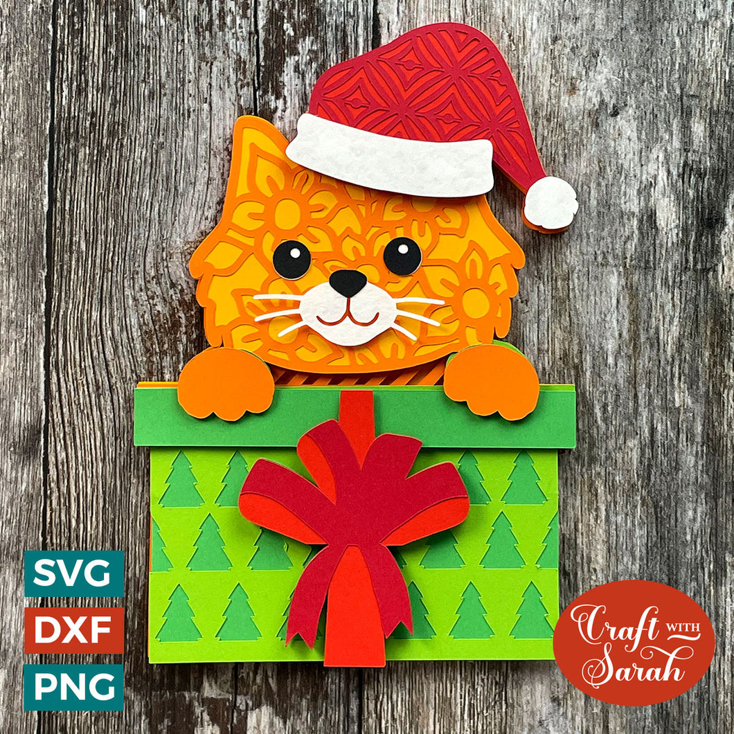 Christmas Cat SVG | Layered Kitten in Gift Box Cutting File