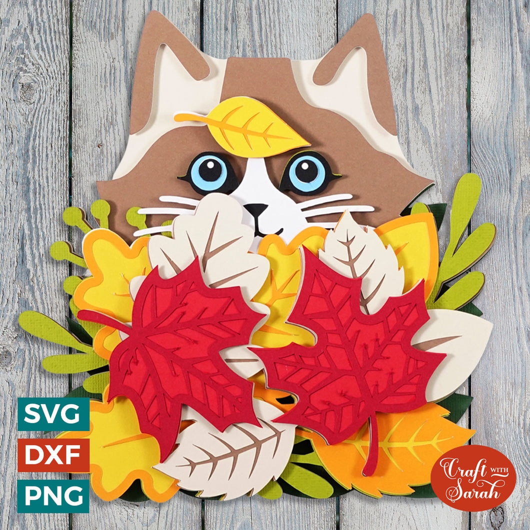 Autumn Cat in the Leaves SVG | Layered Cat SVG