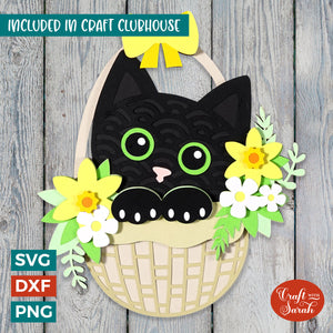 Easter Cat SVG | 3D Peeking Cat in Basket with Flowers