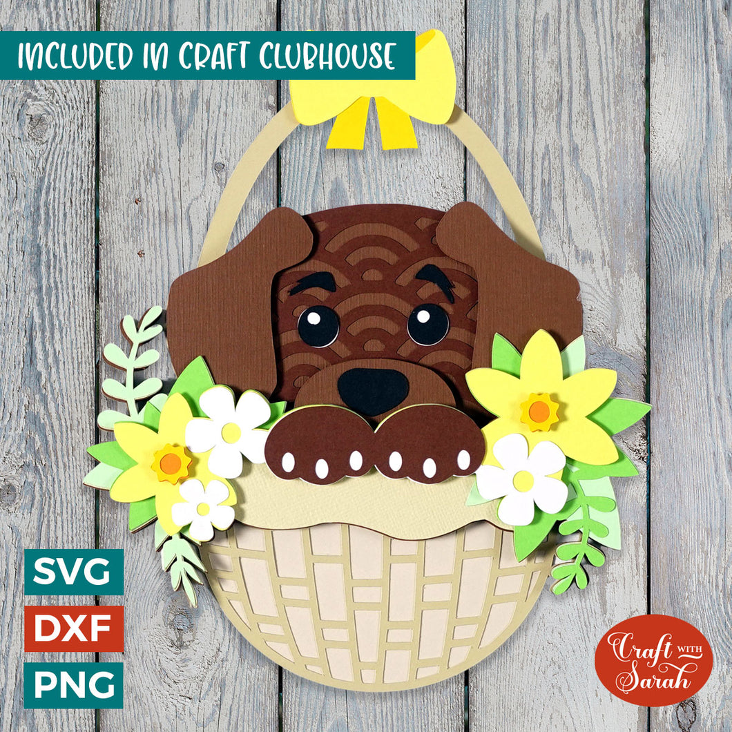 Easter Dog SVG | 3D Peeking Dog in Basket with Flowers