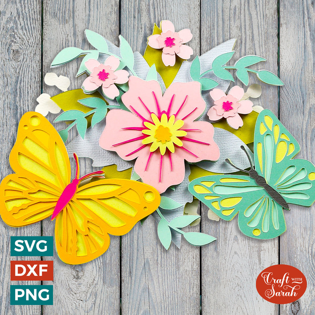 Butterflies SVG File | Layered Butterfly & Flowers Cutting File