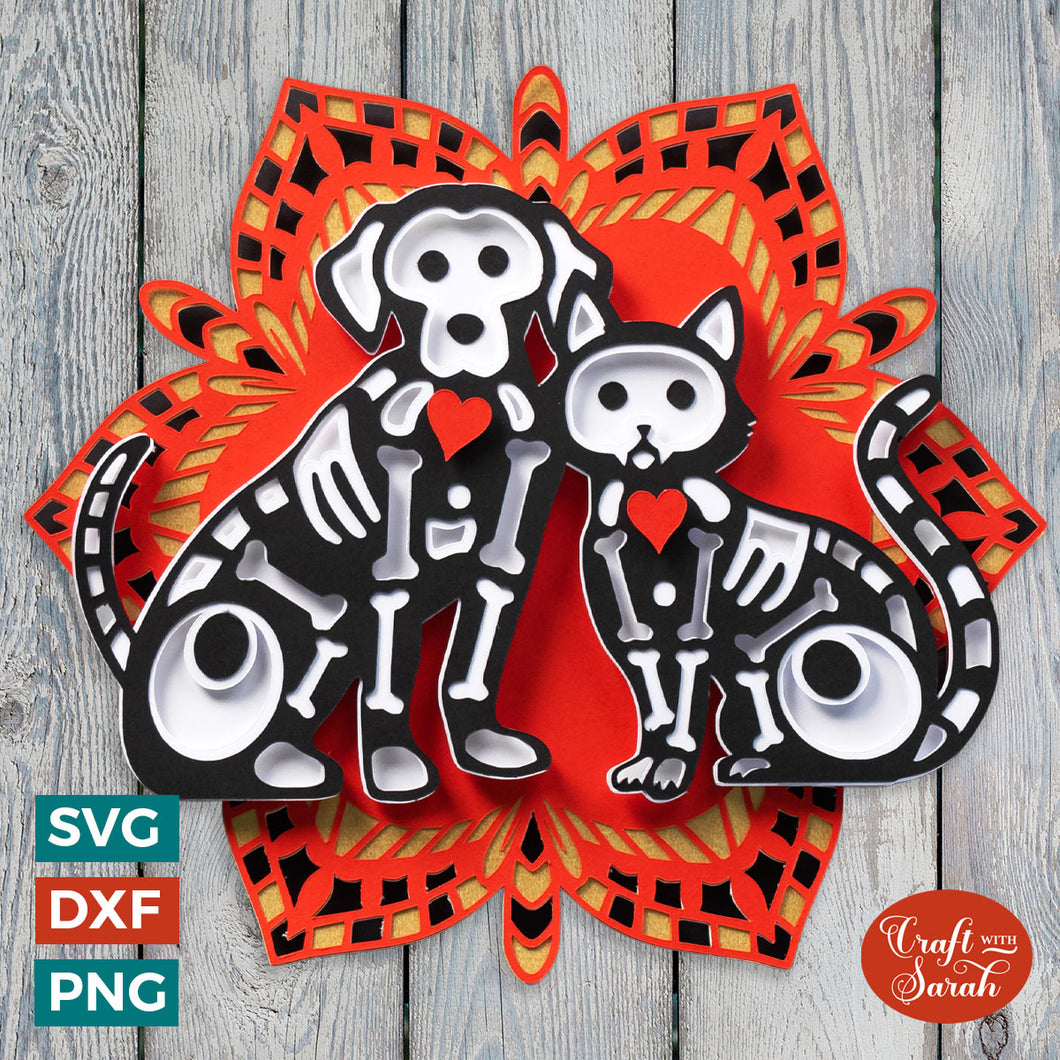 Halloween Cat & Dog Skeletons Layered SVG | 3D Halloween Mandala