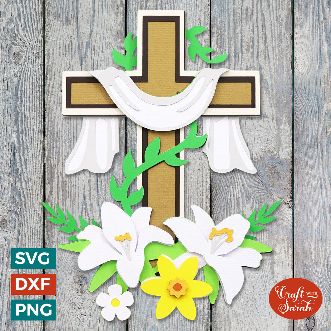 Easter Cross with Lilies Layered SVG | 3D Cross & Flowers SVG