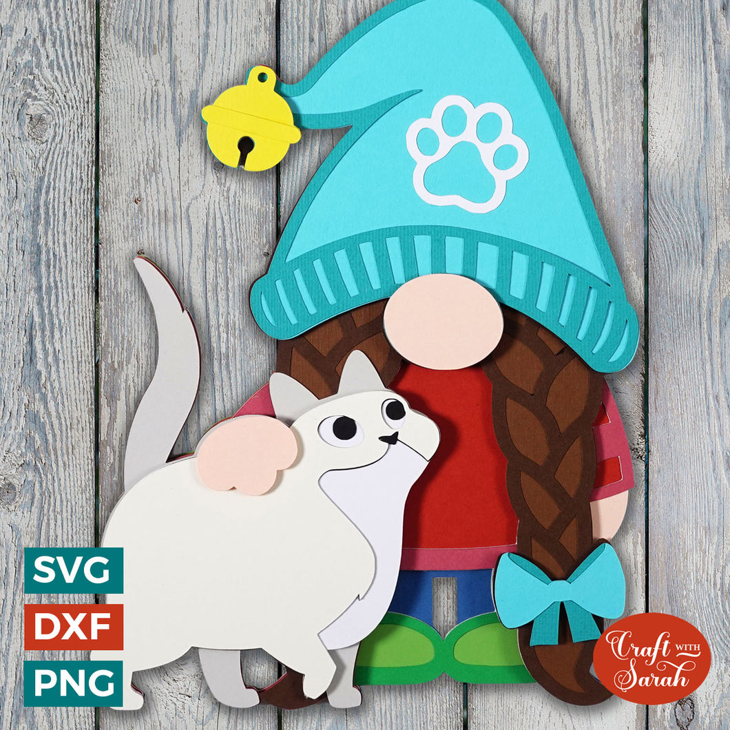 Cat Lover Gnome SVG | Layered Female Cat Gnome SVG