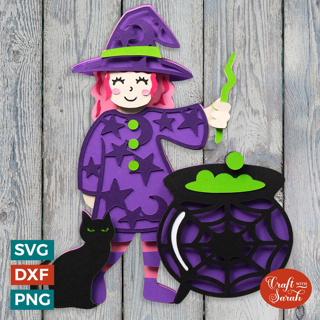 Halloween Witch SVG | 3D Little Witch with Cauldron & Cat SVG