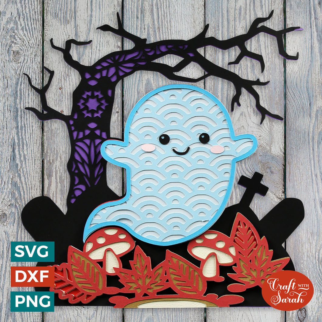 Halloween Ghost & Spooky Trees Layered SVG | 3D Kawaii Ghost SVG