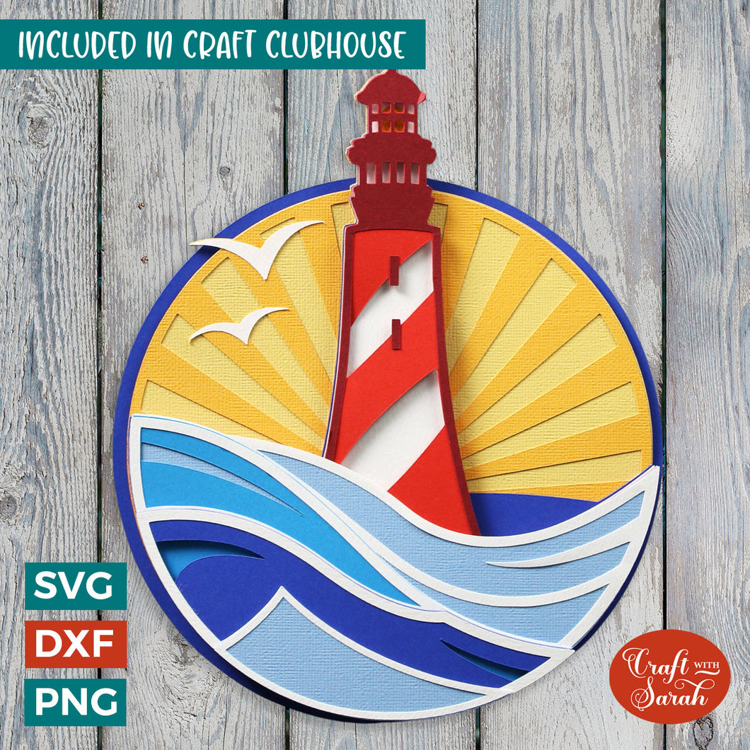 Lighthouse SVG File | Layered Nautical Lighthouse with Waves Cutting File