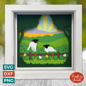 Spring Lambs Shadow Box SVG File | Layered Easter Lambs Cutting File