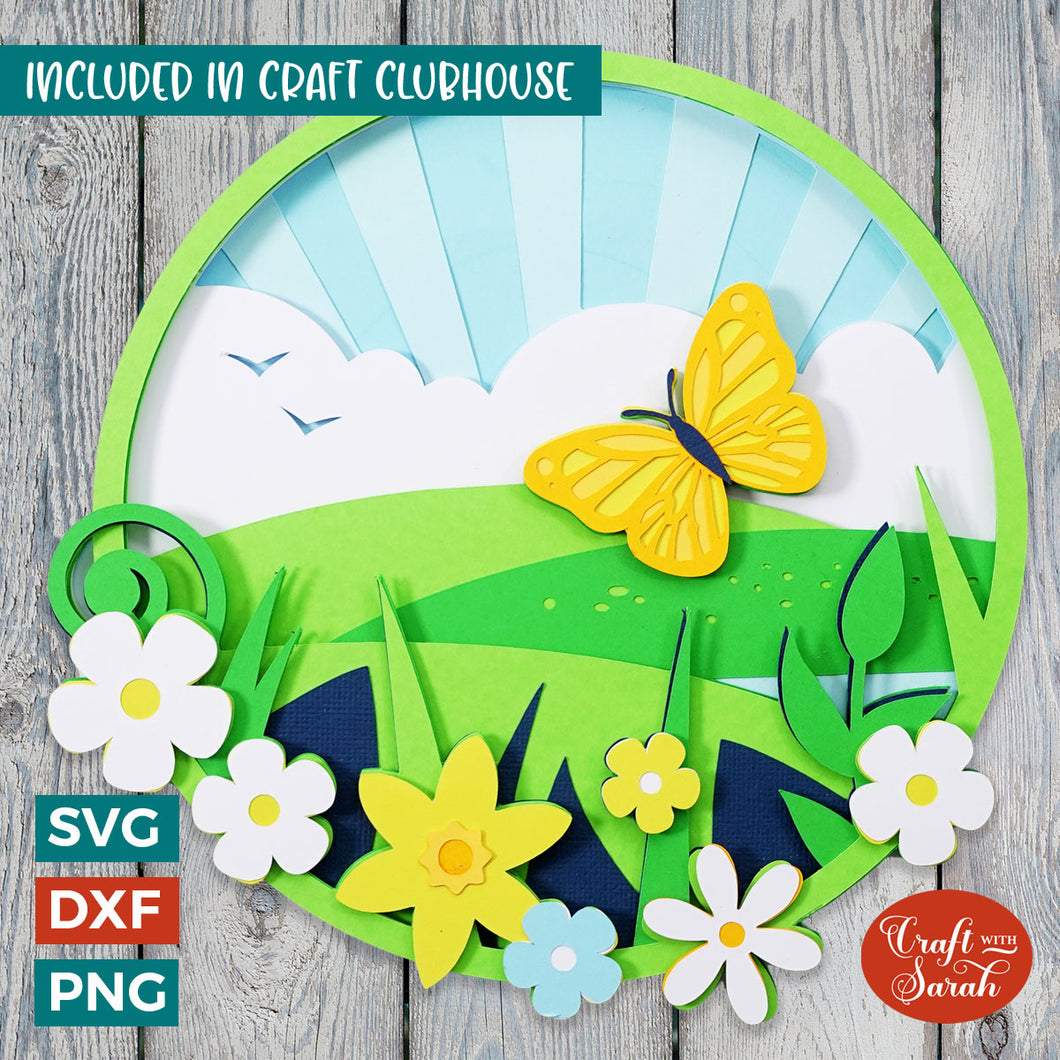 Circular Spring Landscape SVG | Butterflies & Flowers SVG
