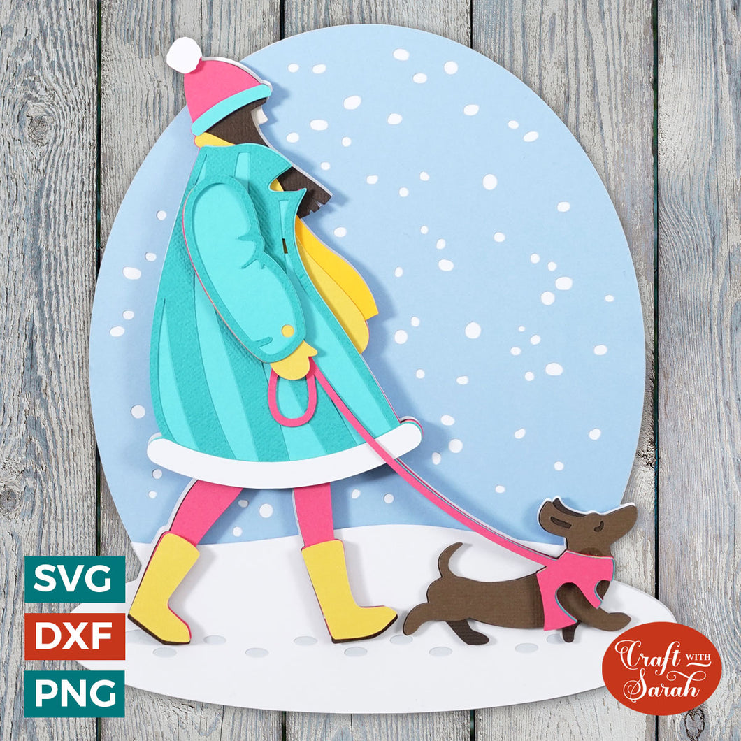 Winter Dog Walk SVG | Layered Dachshund Dog SVG